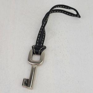 Fossil Silver-Tone Black Leather Loop Key FOB Key Chain Hang Tag